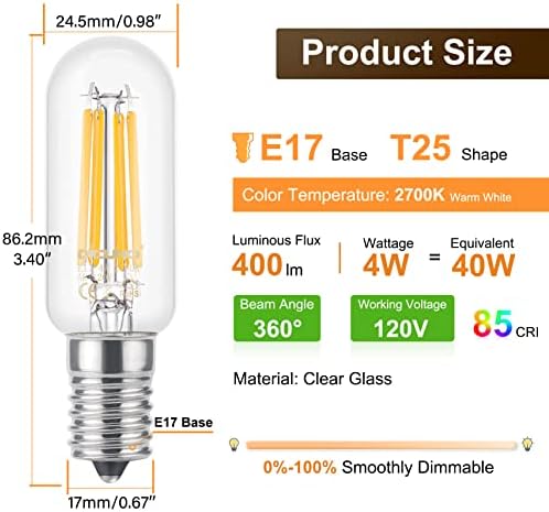 Led лампа DiCUNO E17 с регулируема яркост, Еквивалент на лампи с нажежаема Жичка за Микровълнова с Мощност 40 W, Лампи