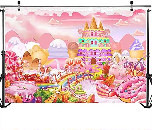 Mocsicka Candyland Фон Десерт замък от бонбони, Розови Момичета 1-ви Първи Рожден Ден Декоративен Фон Сладък Картун Бонбони