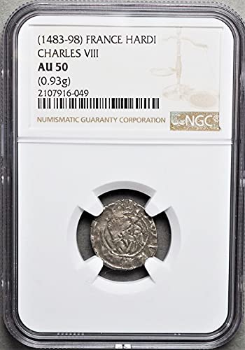 1483-1498 година. крумовград, Средновековна Франция Рицарски Кръст на Кръстоносците Стара Френска монета на Средновековието Hardi AU-50 NGC