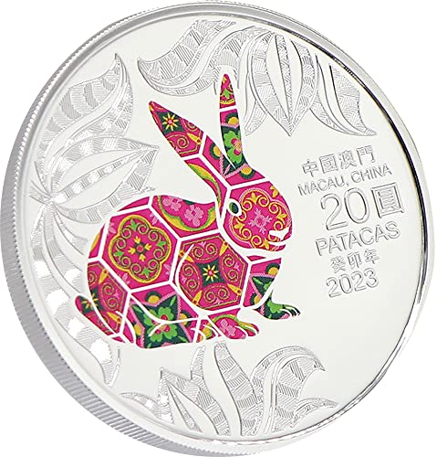 2023 DE Macau Нова Лунна Година PowerCoin Rabbit Лунна година 1 Унция Сребърна Монета От 20 Патак Макао 2023 Доказателство