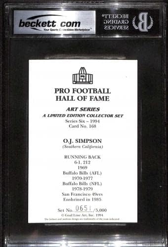 168 Оа Дж. Симпсън - Футболни картички 1989 Goal Line HOF (Звезда) оценката на БГД Auto 10 - Футболни топки с автографи