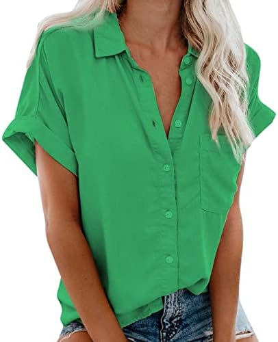 Дамски Ризи С къс ръкав, Тениска с V-образно деколте и яка, Копчета, Однотонная Блуза Със Свободен Джоб, Върхове