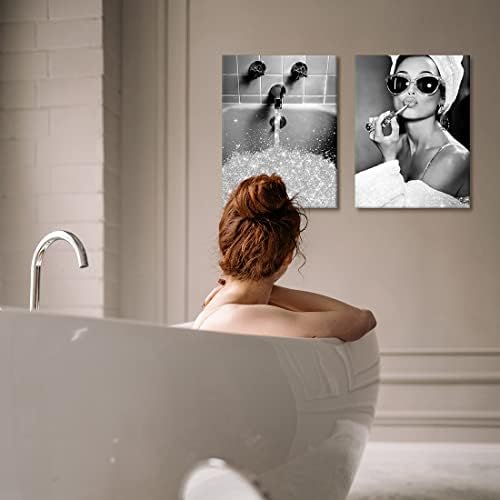 Декор на стените в банята, Платно, Щампи по стените, Ефектен блестящ плат, Стенно изкуство в черно-бялата рамка, Монтиране
