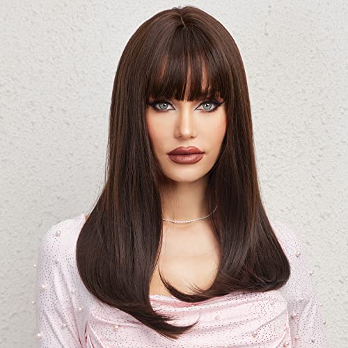 Синтетичен женски перука HAIRCUBE тъмно кафяв цвят, дълга права, многопластови и огнеупорни