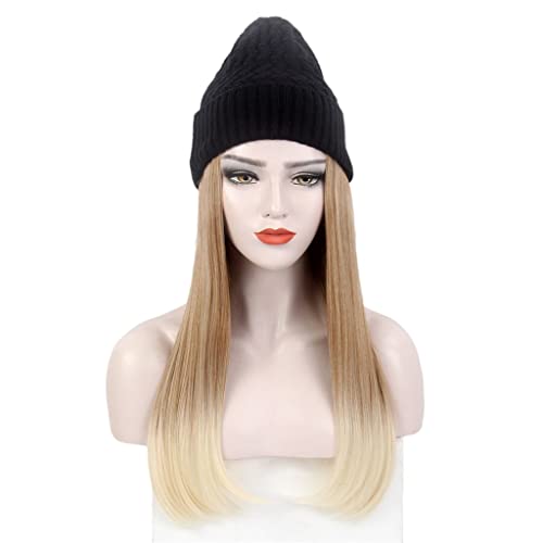 YFQHDD, модни дамски шапка за коса, черна вязаная шапка, перука, дълга права шапка със златен наклон, перука