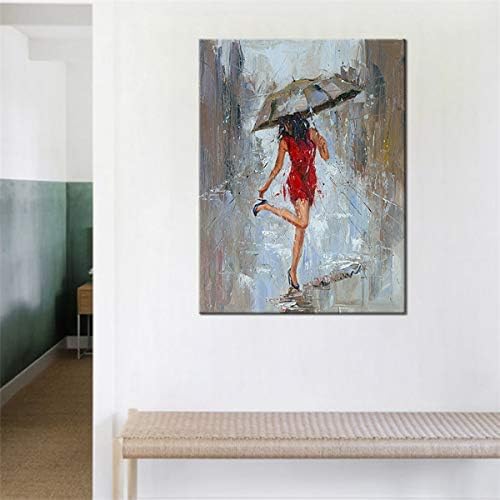 Прекъсването на Стенно Изкуство Дъжд Модерна Живопис Върху Платно Момиче Чадър в Червена Рокля, която Върви по Улицата
