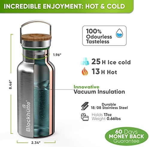 Бутилка за вода Blockhuette с вакуумна изолация от неръждаема стомана I 17 унции I Метална бутилка с широко гърло за
