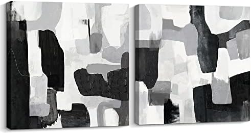Pigort Черно-бял Абстрактен Стенен Арт Декор Ръчно рисувани - Комплект от 2 теми, Сиво Декоративно Платно в черно-бяла