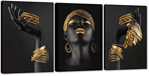 MAMAGO Платно Стенни Художествена Живопис Африкански Женски Снимки Съвременната Златна Черна Жена, Держащая Златни Бижута,