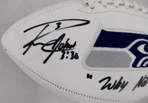 Ръсел Уилсън постави автограф върху Бялото лого на футболен клуб Seattle Seahawks: Защо не си ти? RW Holo 37277 - Футболни