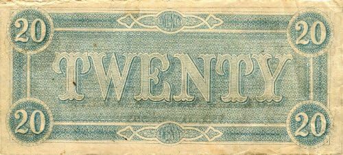 Банкноти Конфедеративных Щати на Америка на 20 долара 1864 г. от Ричмънд, Леко използван (VF/XF)