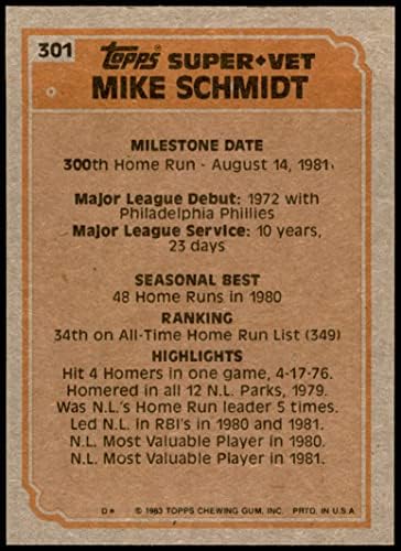 1983 Супер ветеран Topps 301 Майк Шмид Филаделфия Филис (Бейзболна картичка) Ню Йорк / MT Phillies